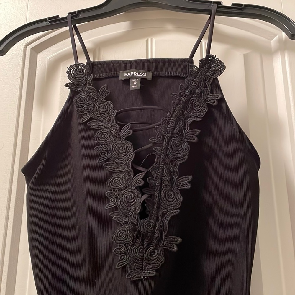 Express black floral lace lace up bodysuit